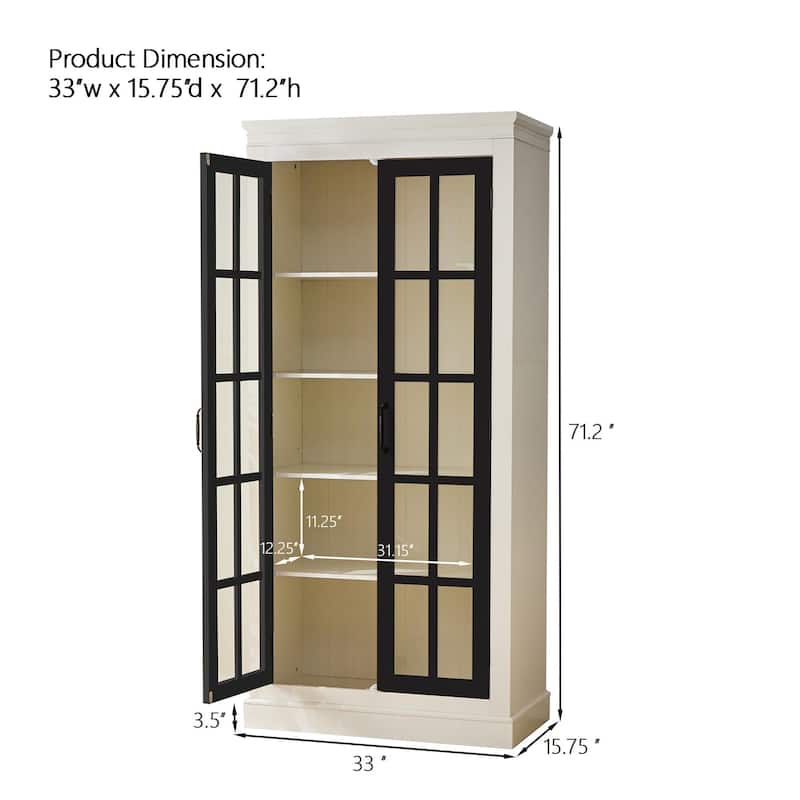 71.2'' Tall Display Cabinet with Glass Doors, Rustic Style China Cabinet, Curio Cabinet for Collectibles Figures Trophies