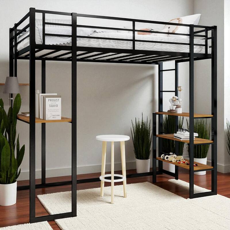 Metal Loft Bed with L-Shaped Desk, Guardrails & Dual Ladders, Sturdy Iron Frame for Kids & Teens