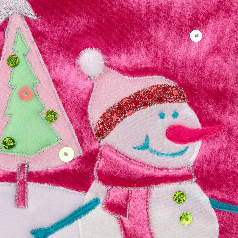 20.5" Pink Embroidered Ice Skating Snowman and Christmas Tree Stocking