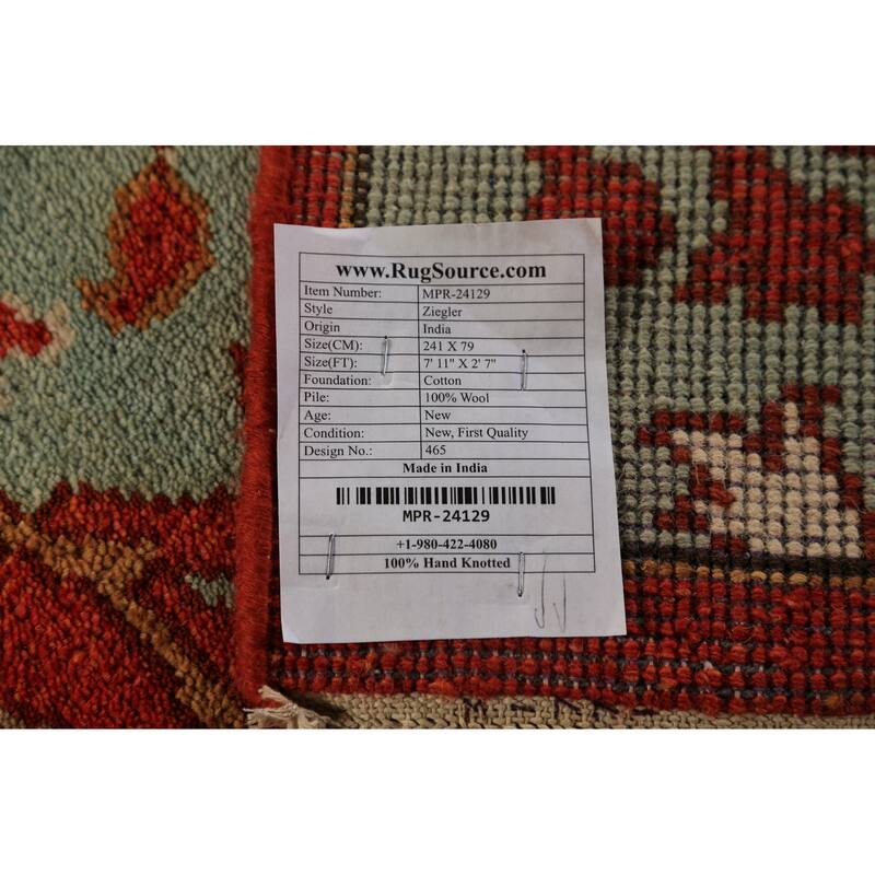 Animals Green Ziegler Indian Runner Rug Handmade Wool Carpet - 2'7"x 7'11"