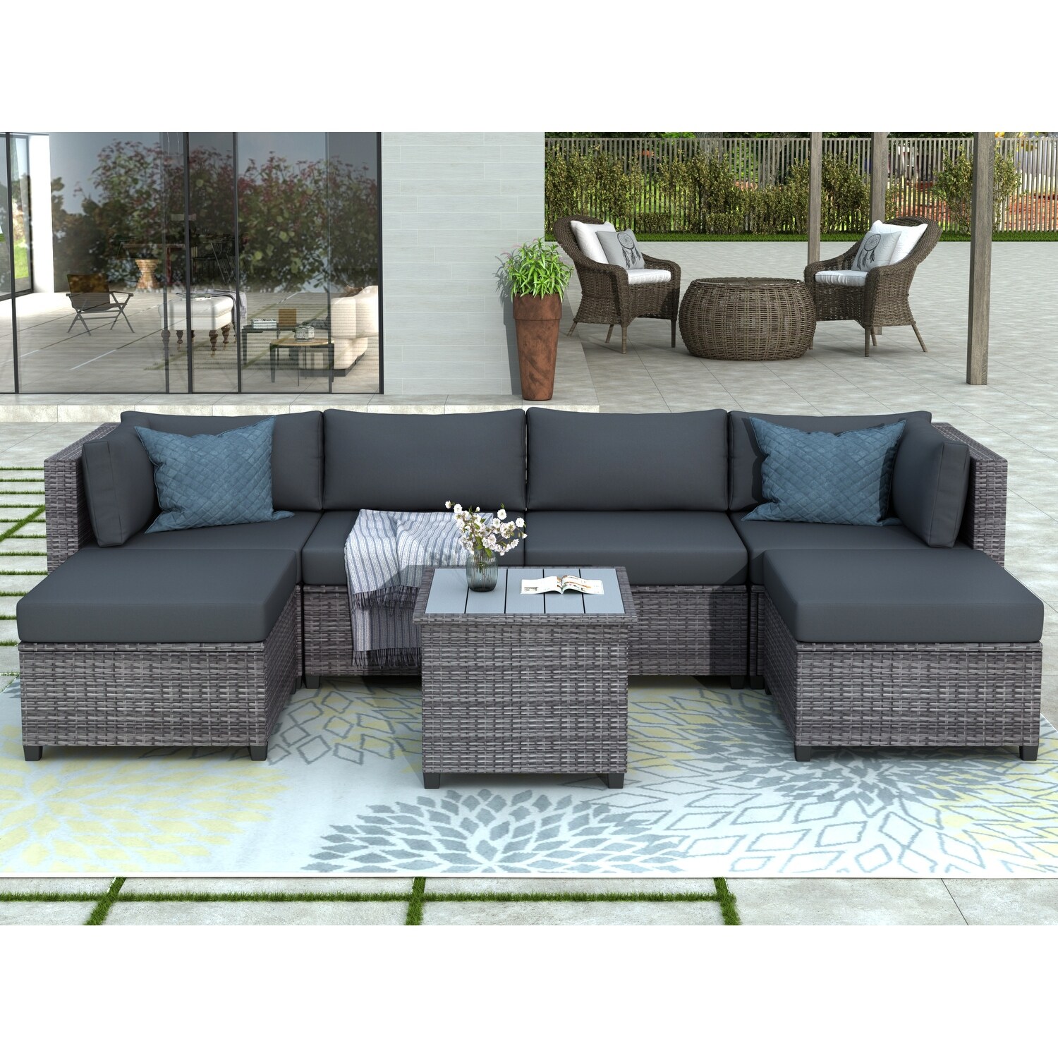 7 Piece Rattan Sectional Seating Group with Cushions Outdoor
