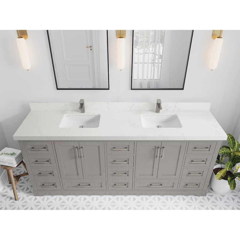 Willow Collection 84 in W x 22 in D x 36 in H Boston Double Bowl Sink Bathroom Vanity with Countertop - 2"Empira White - Elephant Skin Gray
