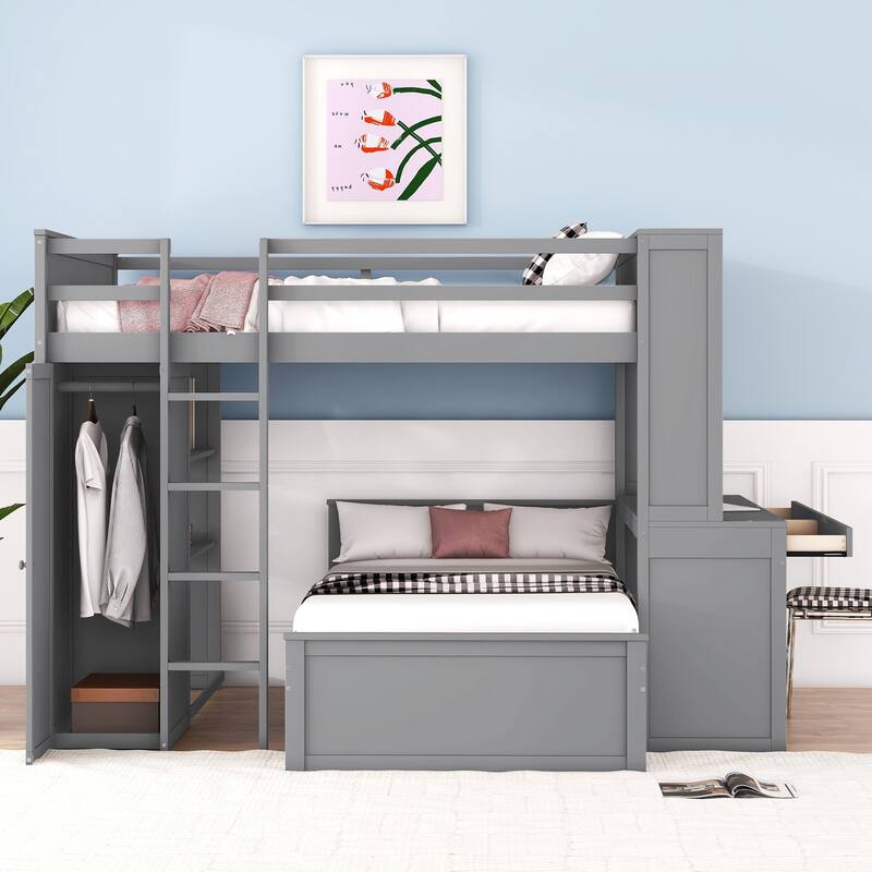 Full Size Loft Bed with Twin Bed, Shelves, Desk, and Wardrobe in Gray