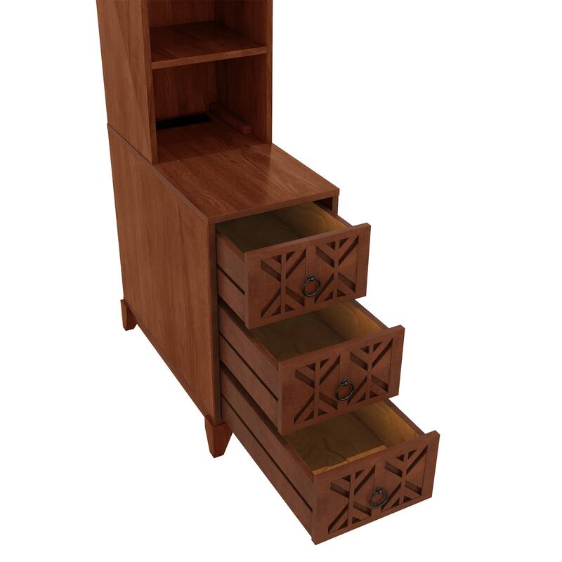 Tall Nightstand with Charging Station, Narrow Sofa Side Table with 3 Drawers & 2 Open Shelves, Solid Wood Entryway Accent Table