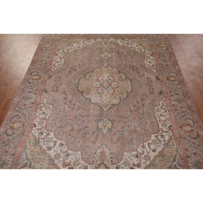 Brown Tabriz Persian Vintage Area Rug Hand-Knotted Wool Carpet - 8'0" x 10'11"