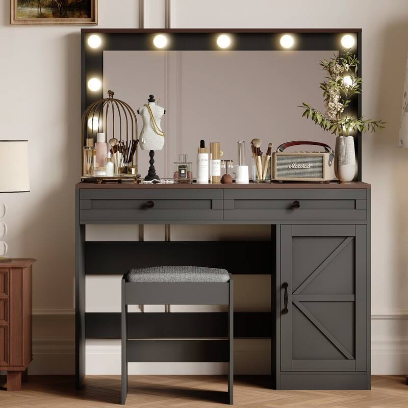 43.4" Modern LED Makeup Vanity Desk with Adjustable Lights, 3 Drawers & Stool - Black