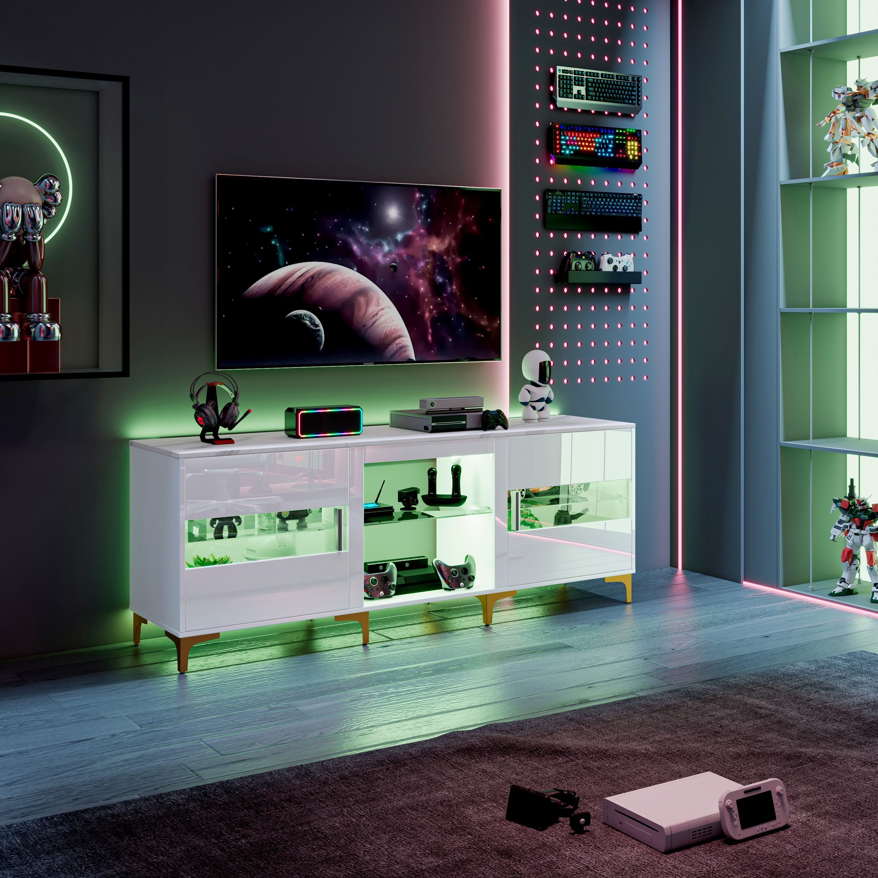 High Glossy LED TV Stand Game Media Center Showcase Record Rack