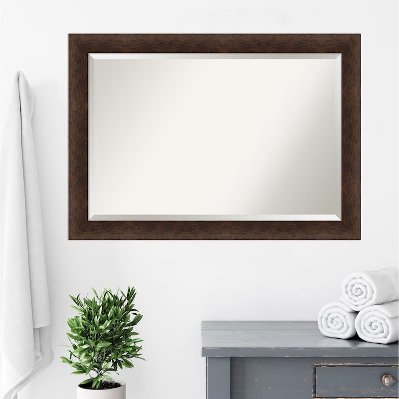 Warm Walnut Beveled Wood Framed Bathroom Vanity Wall Mirror - Warm Walnut