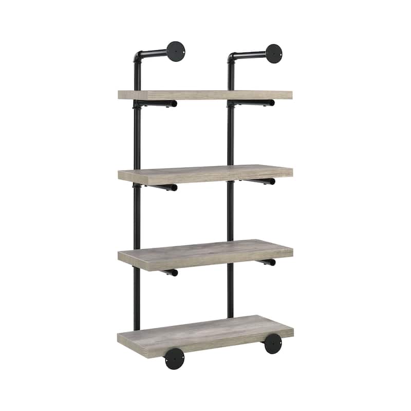 24 Inches 4 Tier Wood and Metal Wall Shelf, Gray and Black