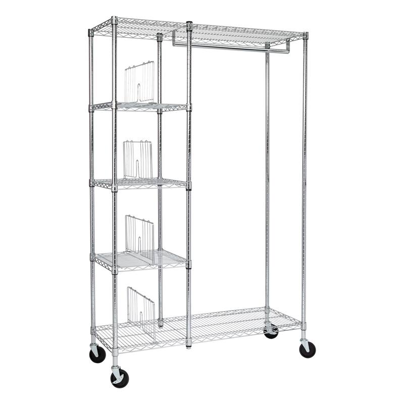 Chrome Steel Rolling Clothes Rack with Shelves
