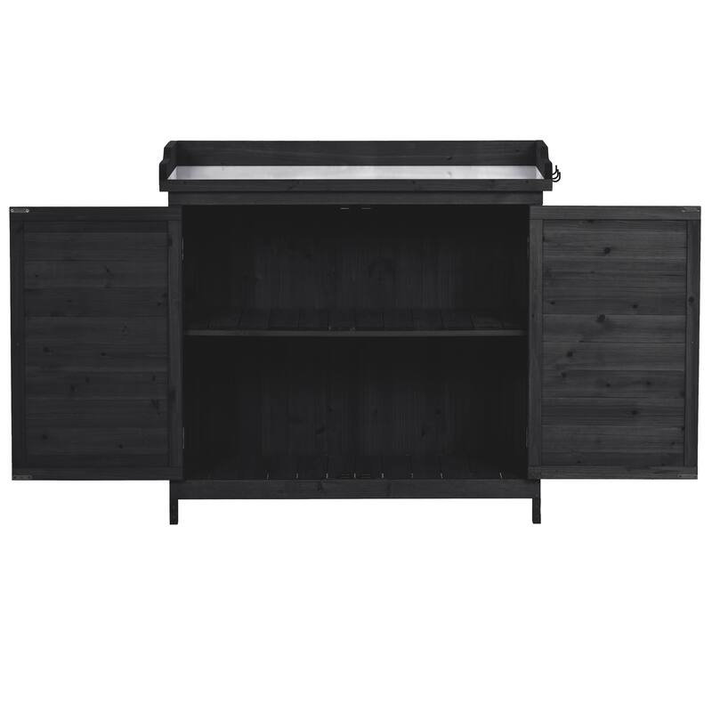 39" Potting Bench Table, Rustic Wood Workstation Storage Cabinet Garden Shed with 2-Tier Shelves and Side Hook