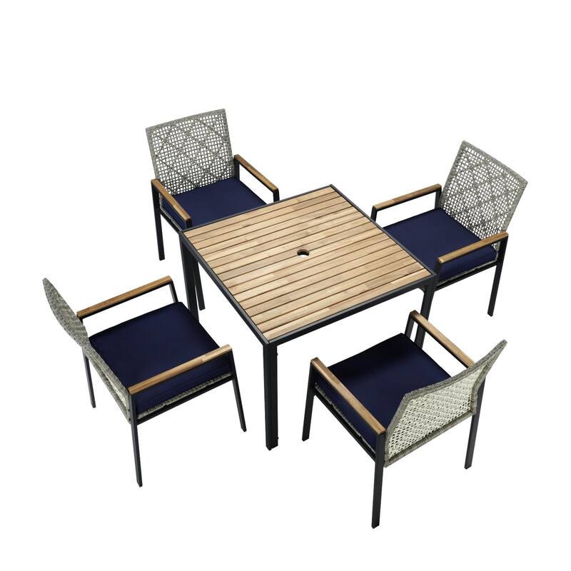 All Weather 5-Piece Patio Dining Table Sets, Patio Conversation Set Acacia Wood Table Top with Umbrella Hole, Rattan Outdoor