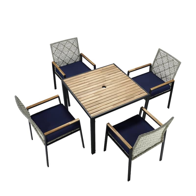 Modern 5-Piece Outdoor Patio Dining Set Acacia Wood Table and PE Rattan Chairs for Garden Furniture