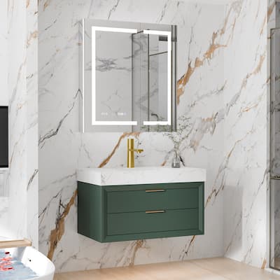 36/48/60 Modern LED Floating Bathroom Vanity with Single/Double Sink & Soft-Close Drawers & Waterproof, Green