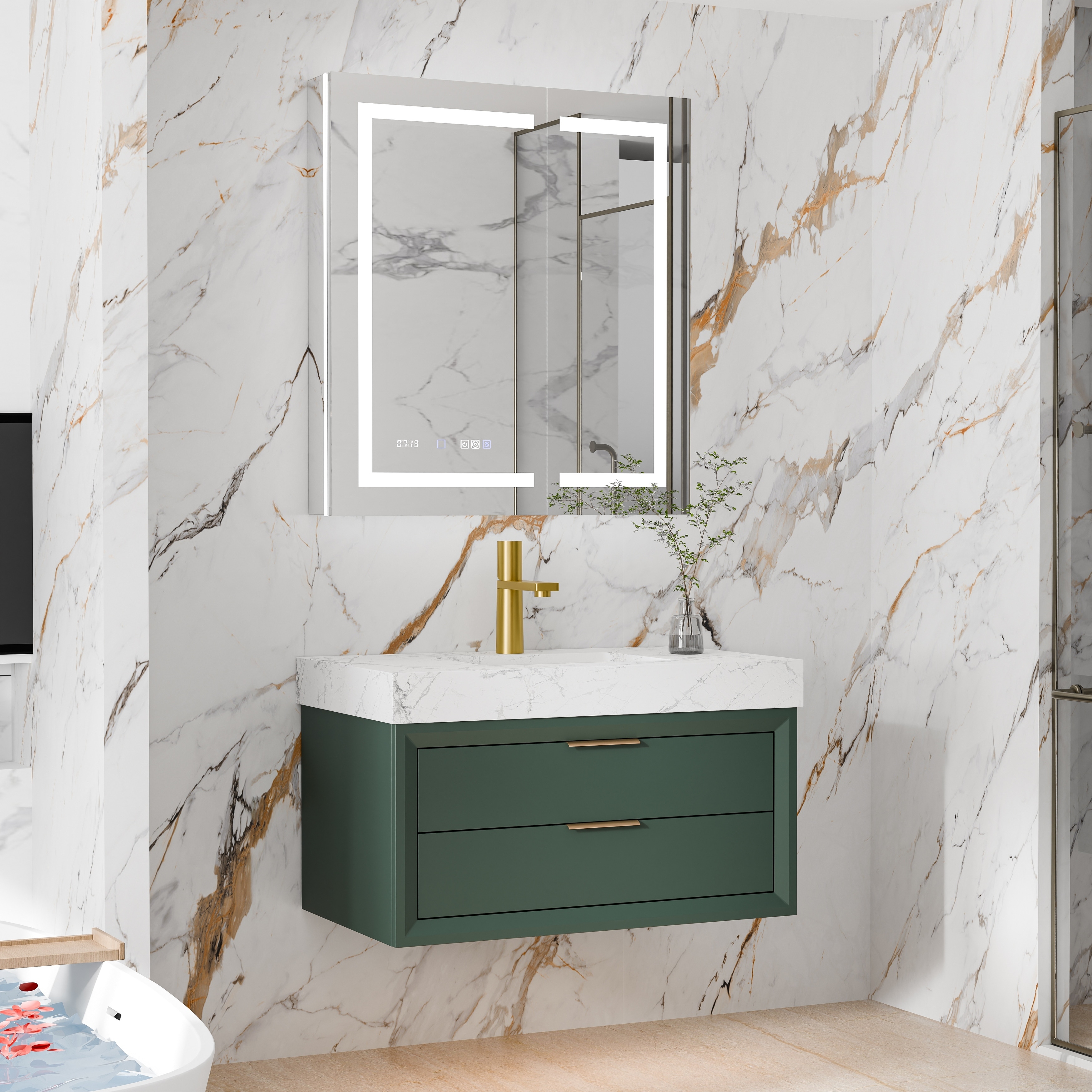 36/48/60 Inch Floating Wall-Mount Single/Double Bathroom Vanity with Sink, Built-in Ambient Lighting and Marble Top, Green