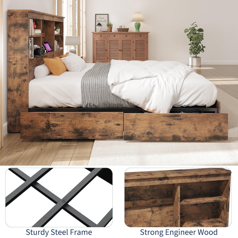 King Size Bed Frame with High Storage Bookcase Headboard, Wood Bed Frame with 4 Storage Drawers