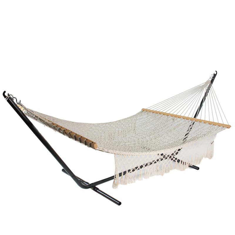 74" White Lattice Macrame Rope Hammock with Wooden Bars - 76"