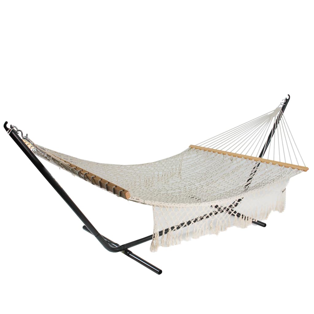 74" White Lattice Macrame Rope Hammock with Wooden Bars - 76"