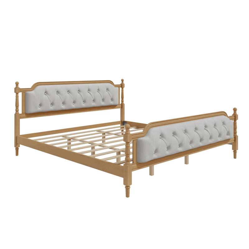 King Size Solid Wood Bed Frame with Tufted Upholstered Headboard, No Box Spring Needed, Walnut Finish