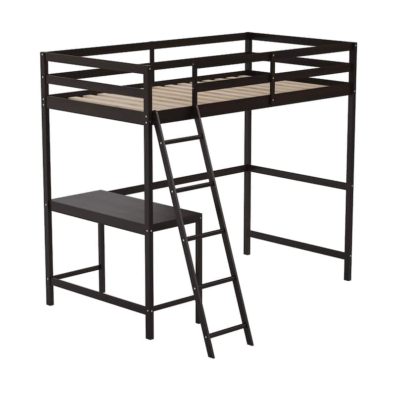 Traditional Wood Slat Loft Bed with Integrated Desk & Ladder