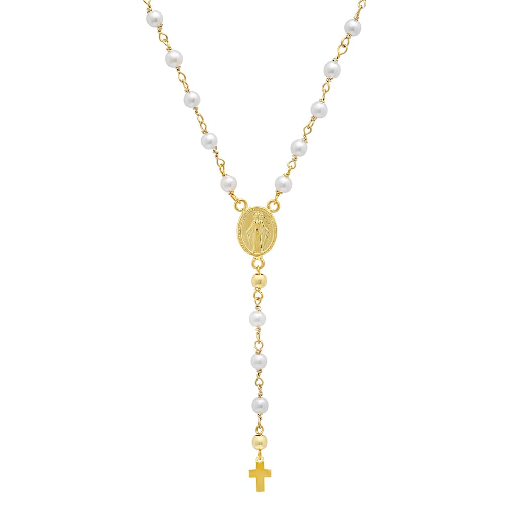 Roberto Martinez Sterling Silver Gold Plated Freshwater Pearl Rosary Necklace 17 Inch