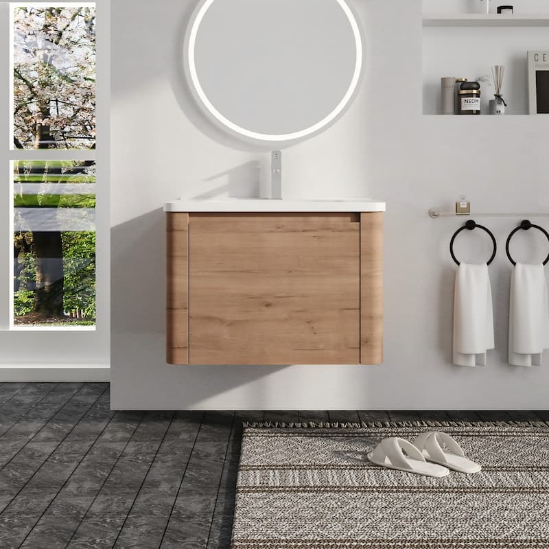 Malwee 28"/40"/52"/68" Floating Bathroom Vanity, Wall Mounted Bathroom Vanity with Ceramic Sink,Soft Close Door and Shelf - 28.0"×18.8"×20.0"