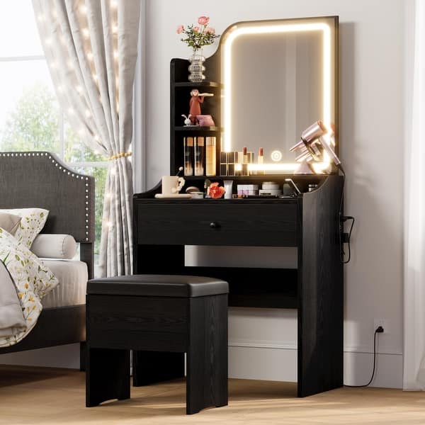 small black dressing table Costway Black Vanity Makeup Dressing Table with Tri Folding Mirror + 4 – US  Bath Store main image 0