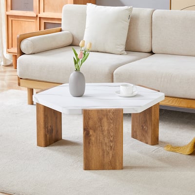 Faux Marble Top Hexagon Coffee Table Cocktail Table with Wooden Triangular Base