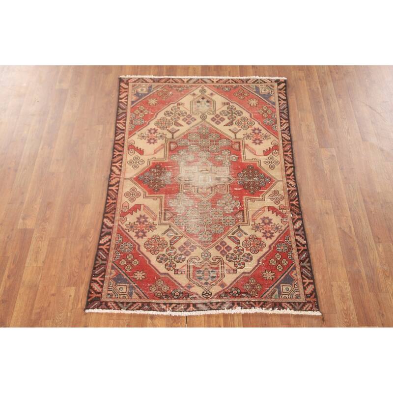 Distressed Tabriz Persian Vintage Rug Handmade Beige Wool Carpet - 3'4" x 5'0"
