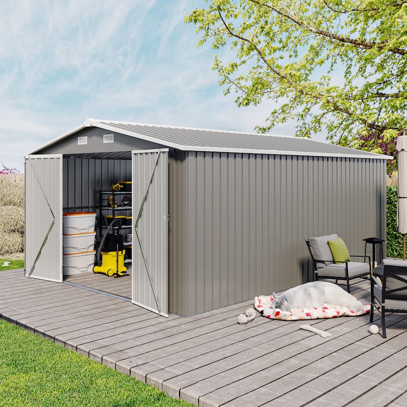 10X14 FT Outdoor Storage Shed with 3 Lockable Doors, 4 Vents - Light Gray