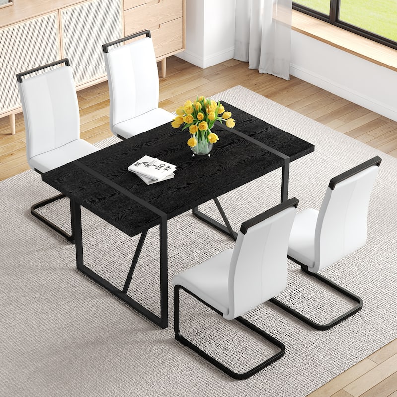 5/7-Piece Dining Table Set with PU Chairs, Modern Rectangular Dining Room Table Set for 4-6 People