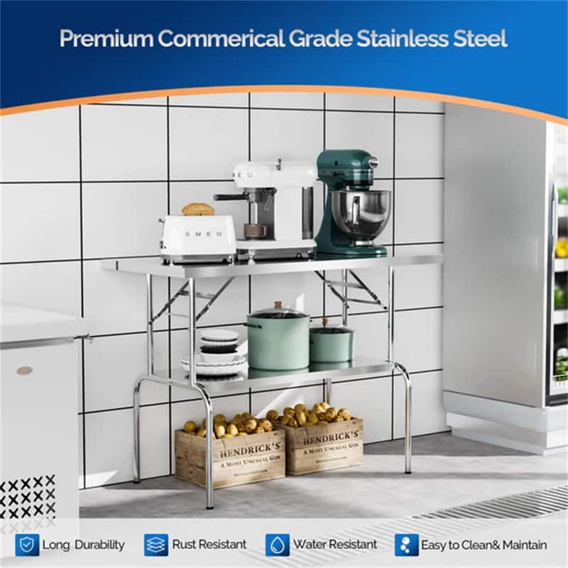 48 x 24 Inches Stainless Steel Folding Table with Undershelf - N/A