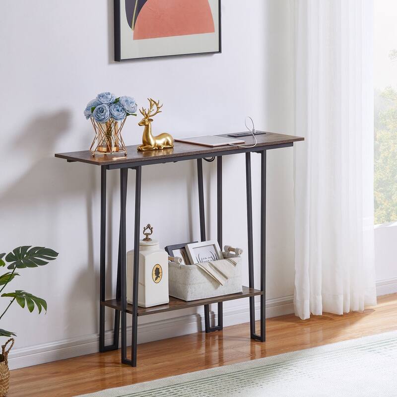 Console Table with Outlets for Entryway, Sofa Table with Wood Shelves, Industrial Entryway Table Foyer Table