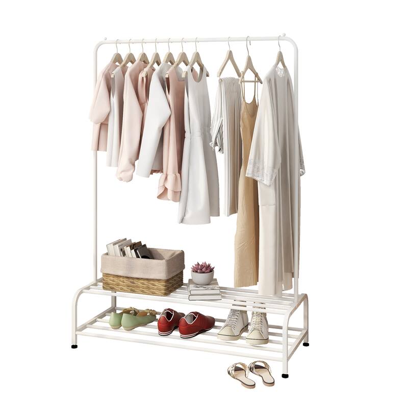 White Metal FreeStanding Closet Organizer Hanging Rod Clothes Garment