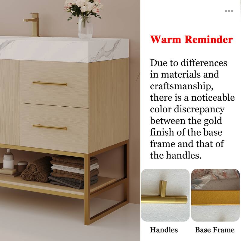 GDFStudio - Luxury 36" Freestanding Sintered Stone Bathroom Vanity with Seamless Ceramic Sink, Open Storage & Soft-Close Drawers