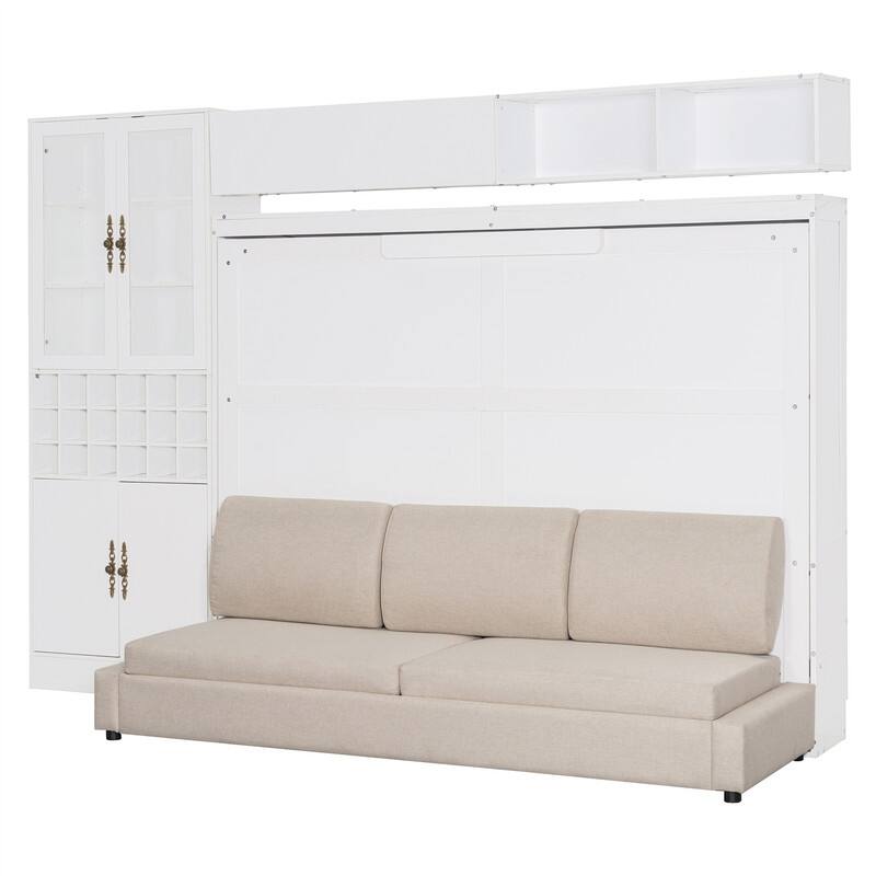 Full/Queen Size Murphy Bed Wall Bed with Sofa, Light and USB Charging, Foldable Murphy Cabinet Bed w/ Storage Shelves & Cabinets