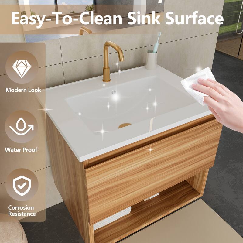 24" Floating Bathroom Vanity with Ceramic Sink - Wall Mounted Fluted Cabinet in Walnut with Drawers, Modern Design