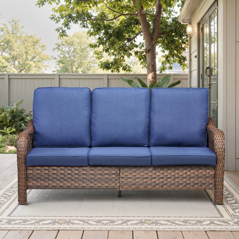 Cavira Brown Wicker Outdoor Patio 3-Seat Sofa with Olefin Cushions