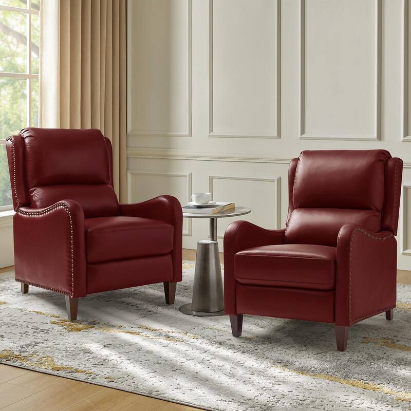 Brigida Modern Genuine Leather Nailhead Trim Recliner with Adjustable Footrest Set of 2 by HULALA HOME - BURGUNDY
