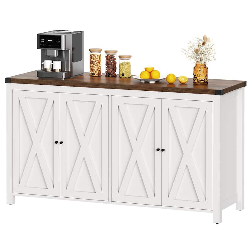 Moasis 55-inch Farmhouse Four-Door Buffet Cabinet Storage Kitchen Sideboard Buffet Table - Brown Top/White