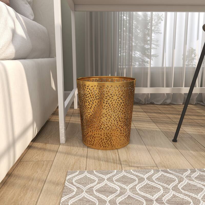 CosmoLiving by Cosmopolitan Gold Metal Small Waste Bin with Laser Carved Floral Design - 9 x 9 x 10