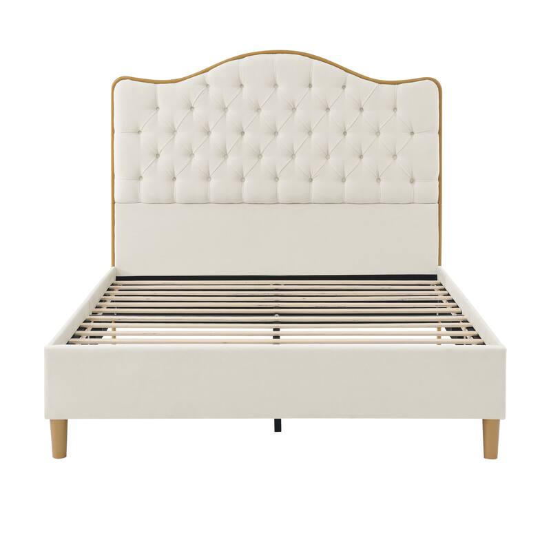 Queen Upholstered Bed Frame with Curved Tufted Headboard
