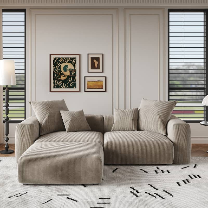 102'' Oversize Corduroy Cloud Couch Sectional Loveseat Sofa with Ottoman - Light Brown