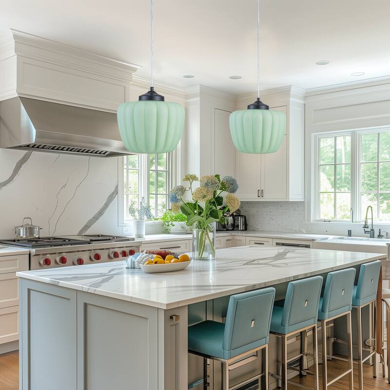 Modern 1-Light Green Lantern Glass Pendant Light for Kitchen Island, Dining Room