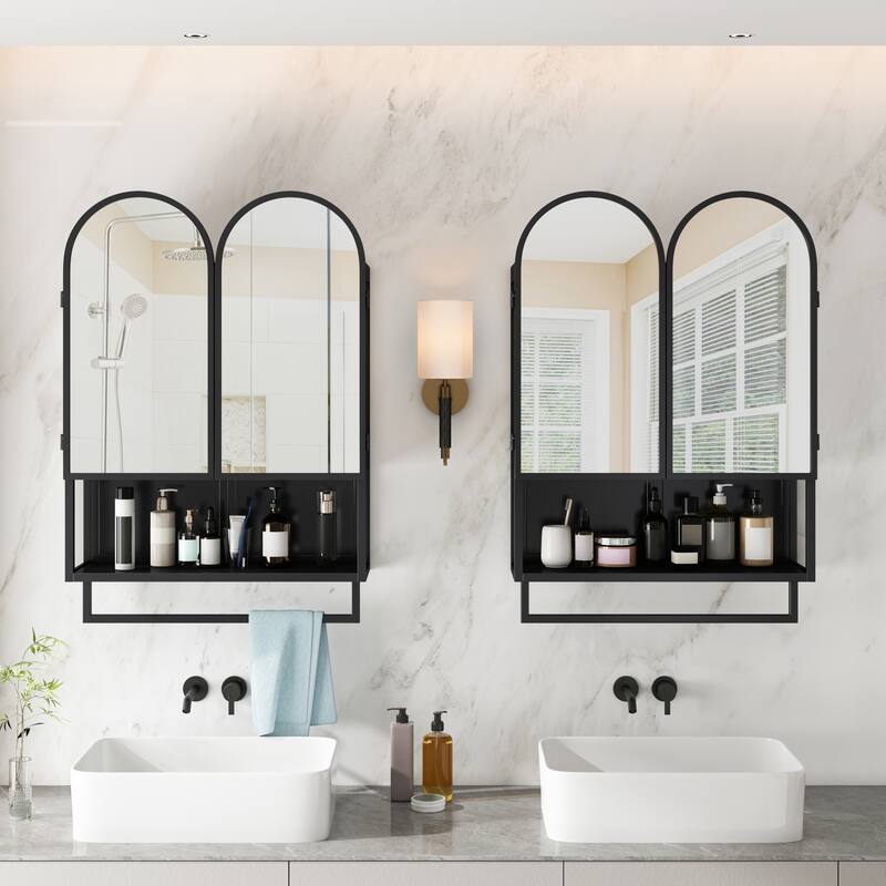23.62" Modern Double-Arched Mirror Cabinet,2 Doors Medicine Cabinet, Metal Wall Cabinet with Adjustable Shelves and Towel Rack