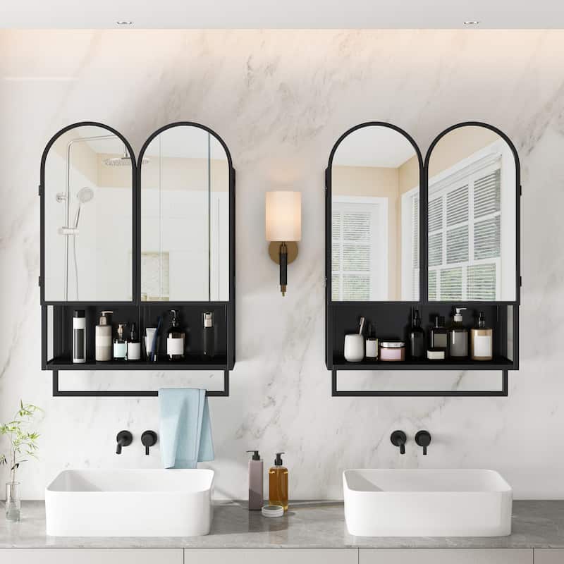 Mirror Cabinet with 2 Arched Doors, Wall Mounted Bathroom Medicine Cabinet, Metal Wall Cabinet with Open Shelf & Towel Rack
