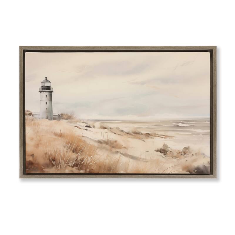 Stupell Distant Lighthouse in Neutral Tones Framed Floater Canvas Wall Art Design By Arlington Prints - 25 x 17 - Brown