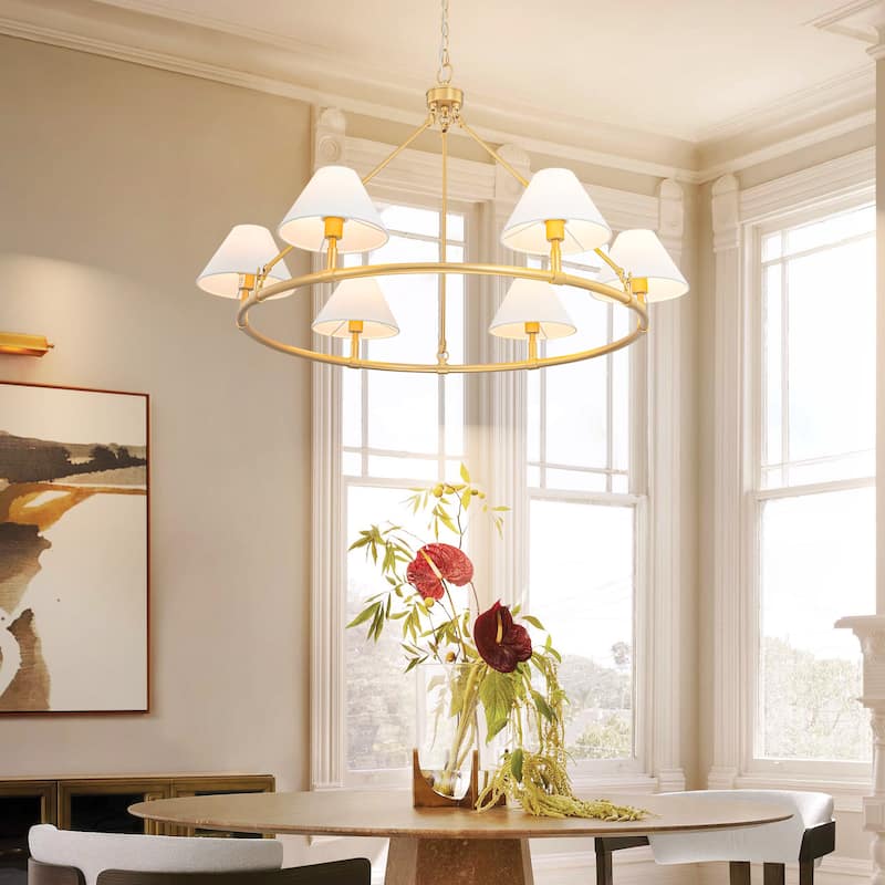 6-Light Modern Farmhouse Fabric Gold Wagon Wheel Chandelier for Dining Room - 39.3 in. W x 25.2 in. H