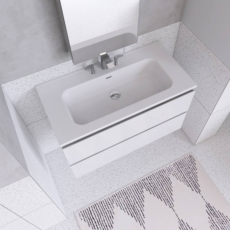 Floating Integrated Bathroom Vanity with Ceramic Sink, Three Faucet Holes