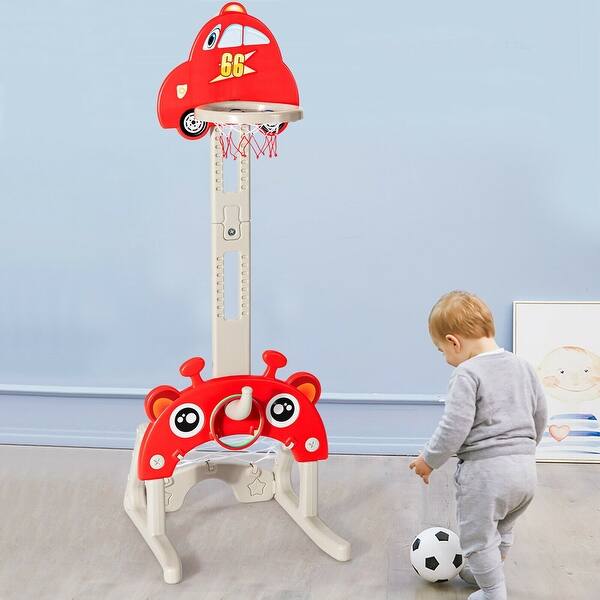 slide 2 of 9, 3-in-1 Basketball Hoop for Kids Adjustable Height Playset with Balls-Red - 20'' x18'' x 36-61'' (L x W x H) Red